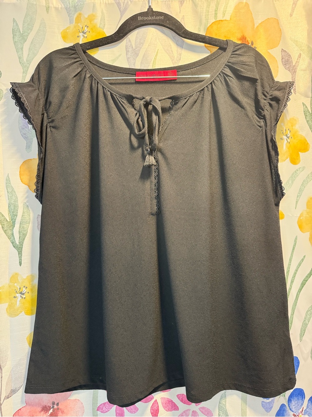 Black Tie-Neck Cap Sleeve Blouse with Lace Trim